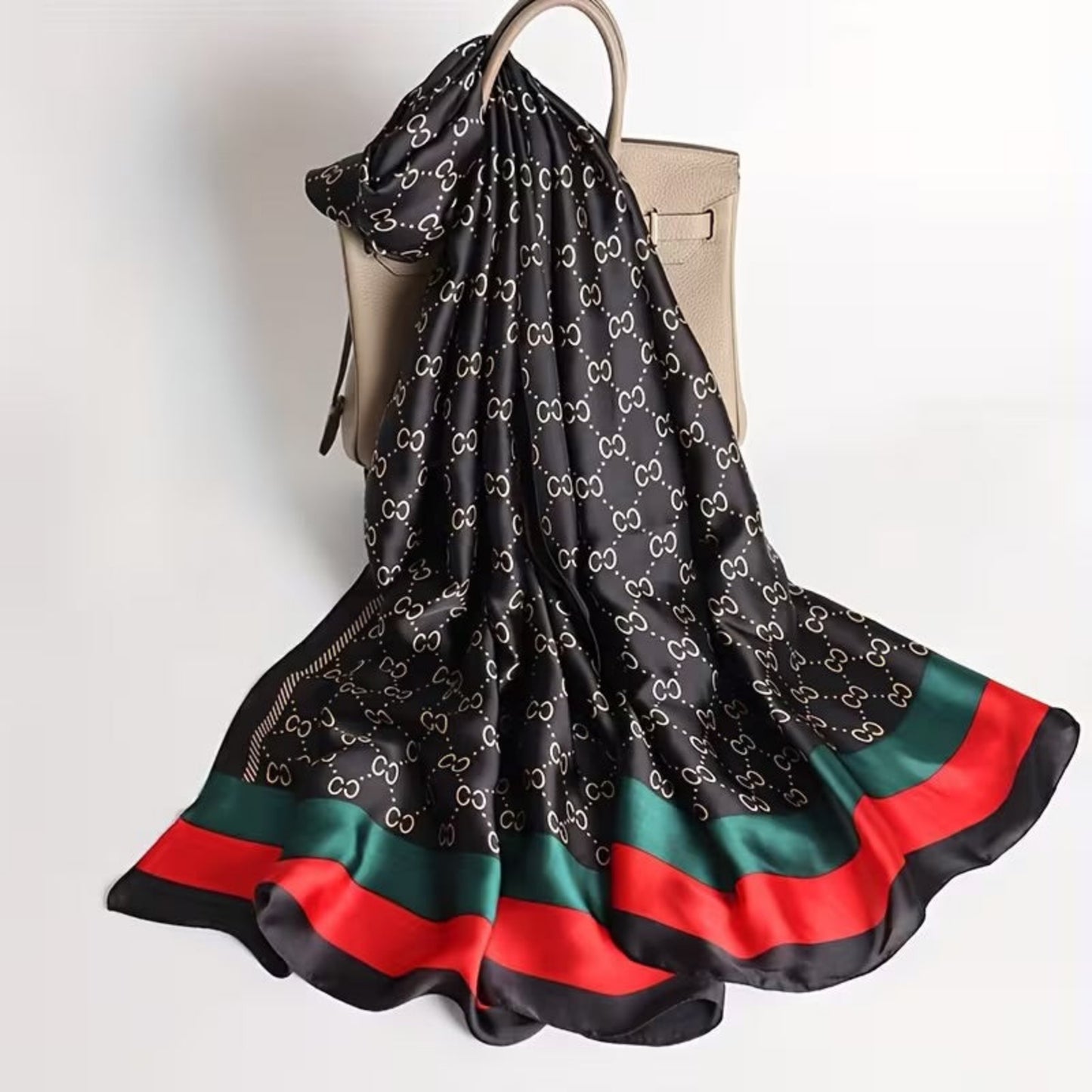 satin silk stole black with red green contrast border for women