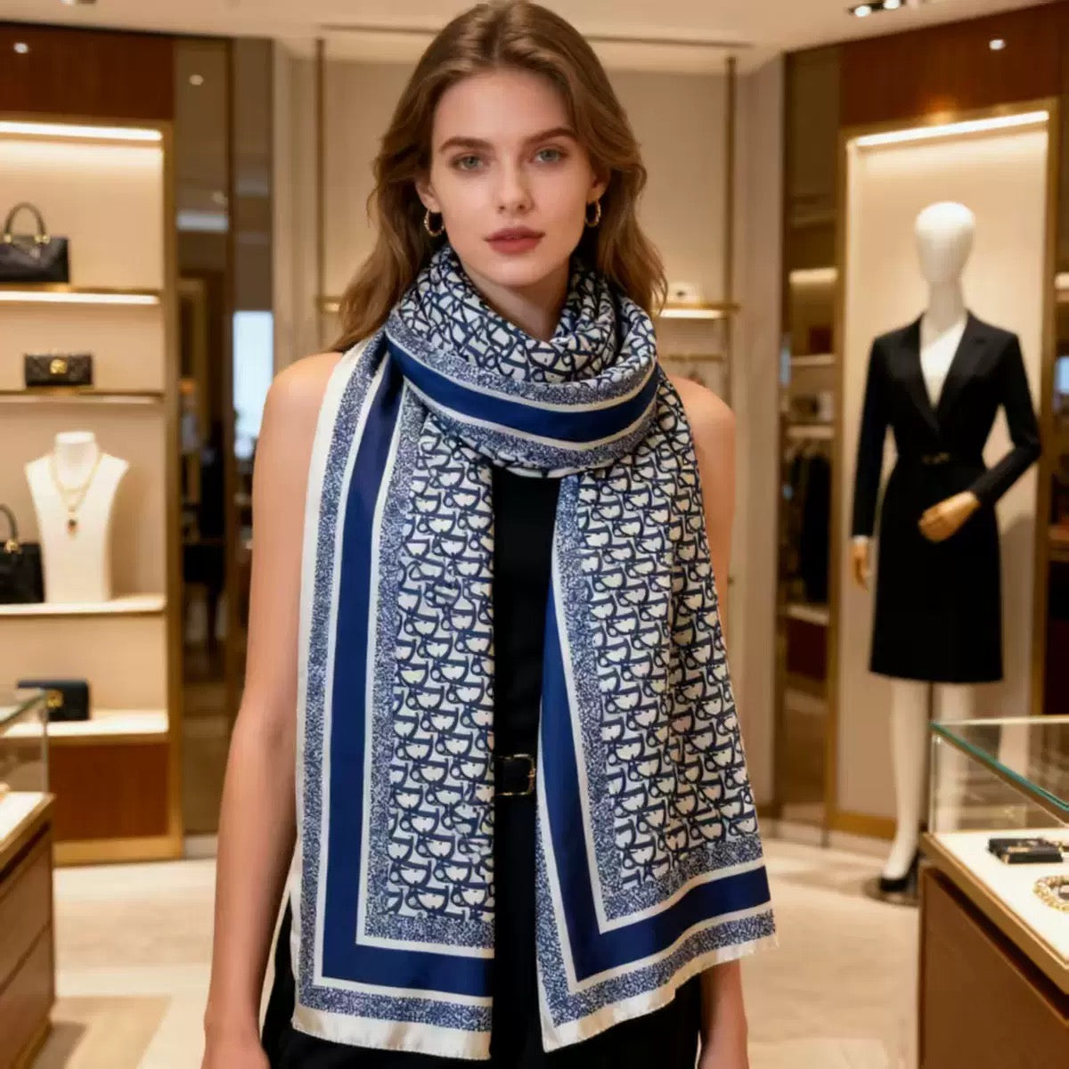 Woman wearing navy blue designer logo print imitation silk stole - luxury monogram scarf styling