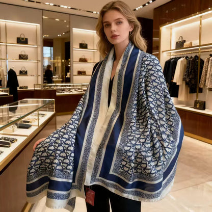 Full drape view of navy blue designer logo print silk stole - 180x90 cm luxury scarf