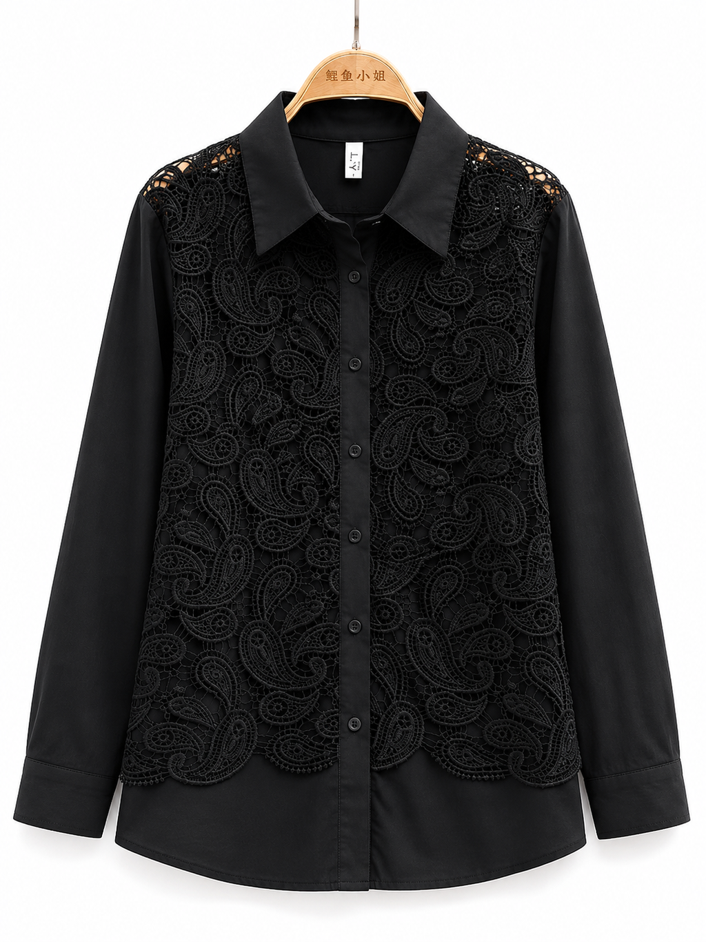 Odette Paisley Lace Shirt in black with crochet overlay detail