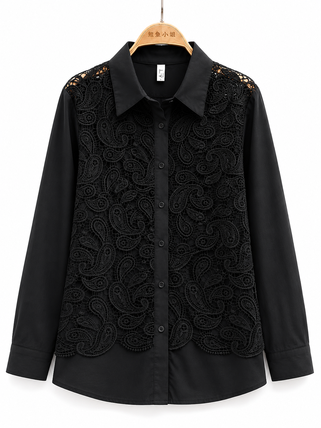 Odette Paisley Lace Shirt in black with crochet overlay detail