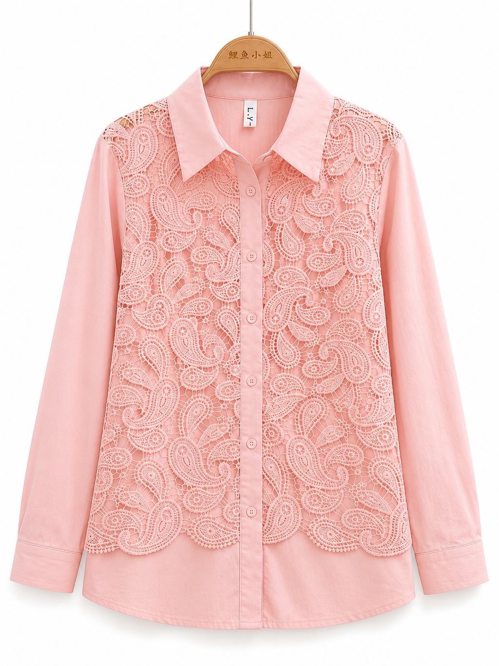 Odette Paisley Lace Shirt in blush pink with crochet overlay detail