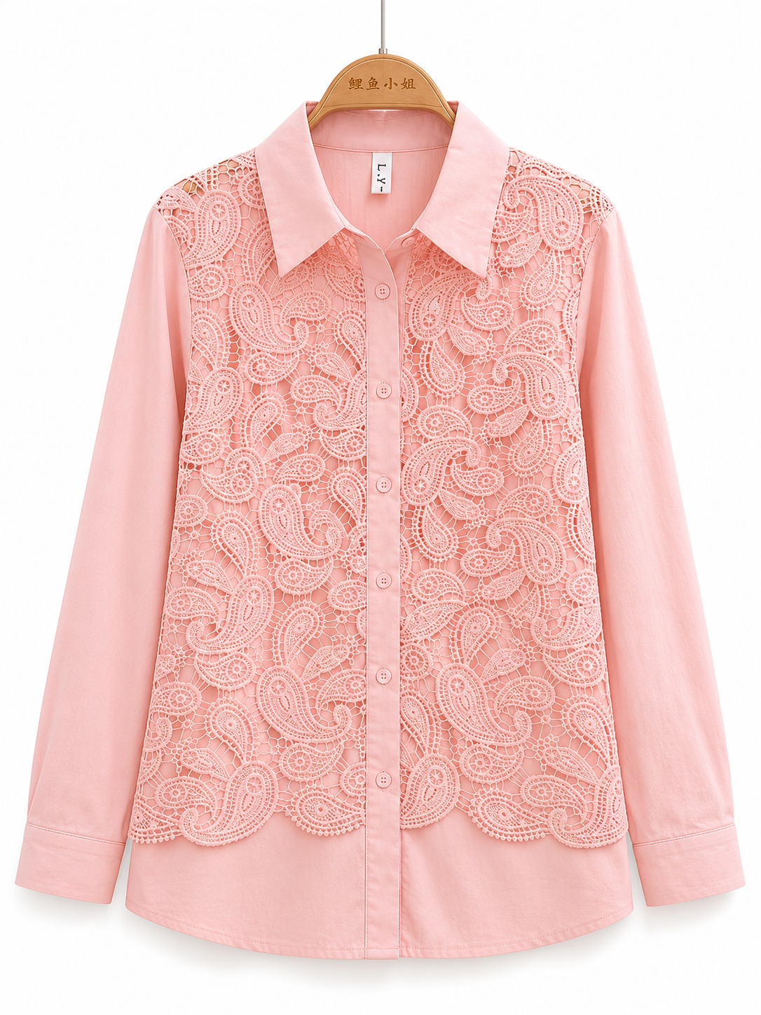 Odette Paisley Lace Shirt in blush pink with crochet overlay detail