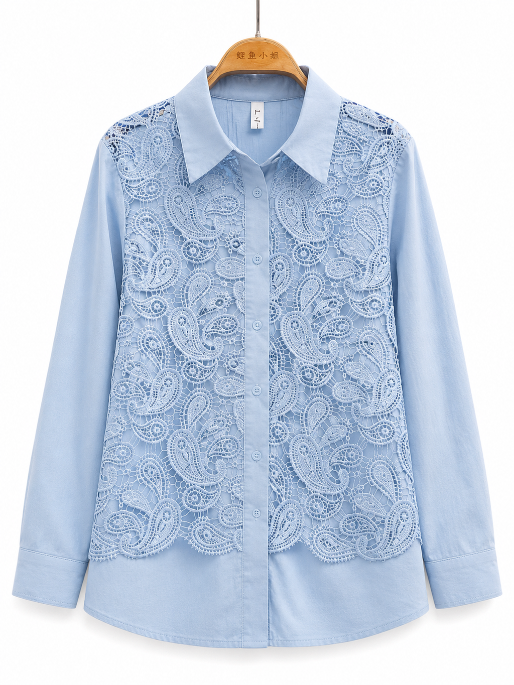 Odette Paisley Lace Shirt in sky blue with crochet overlay detail