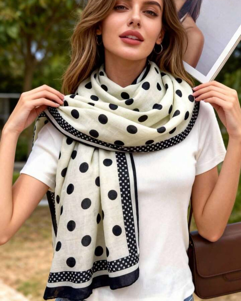 The Parisian Polka Linen Stole shown in alternate styling displaying classic Parisian polka dot pattern on natural breathable linen
