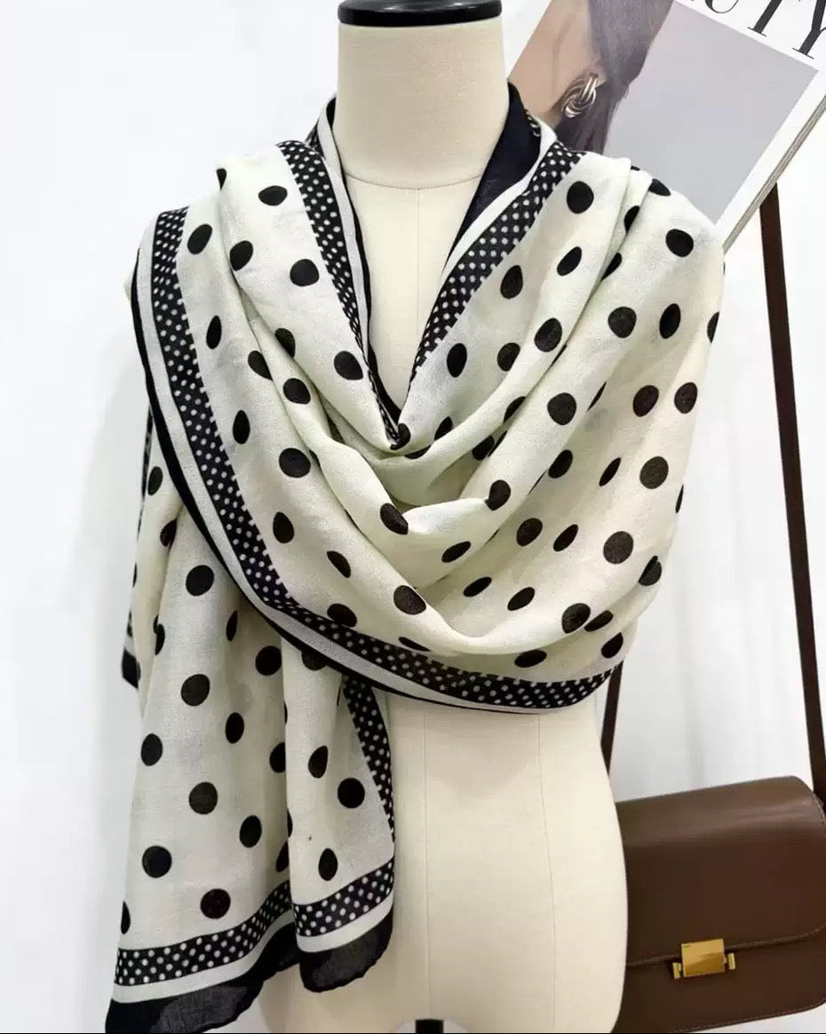 The Parisian Polka Linen Stole laid flat showing full classic polka dot print pattern on natural linen base in generous 180x90cm dimensions
