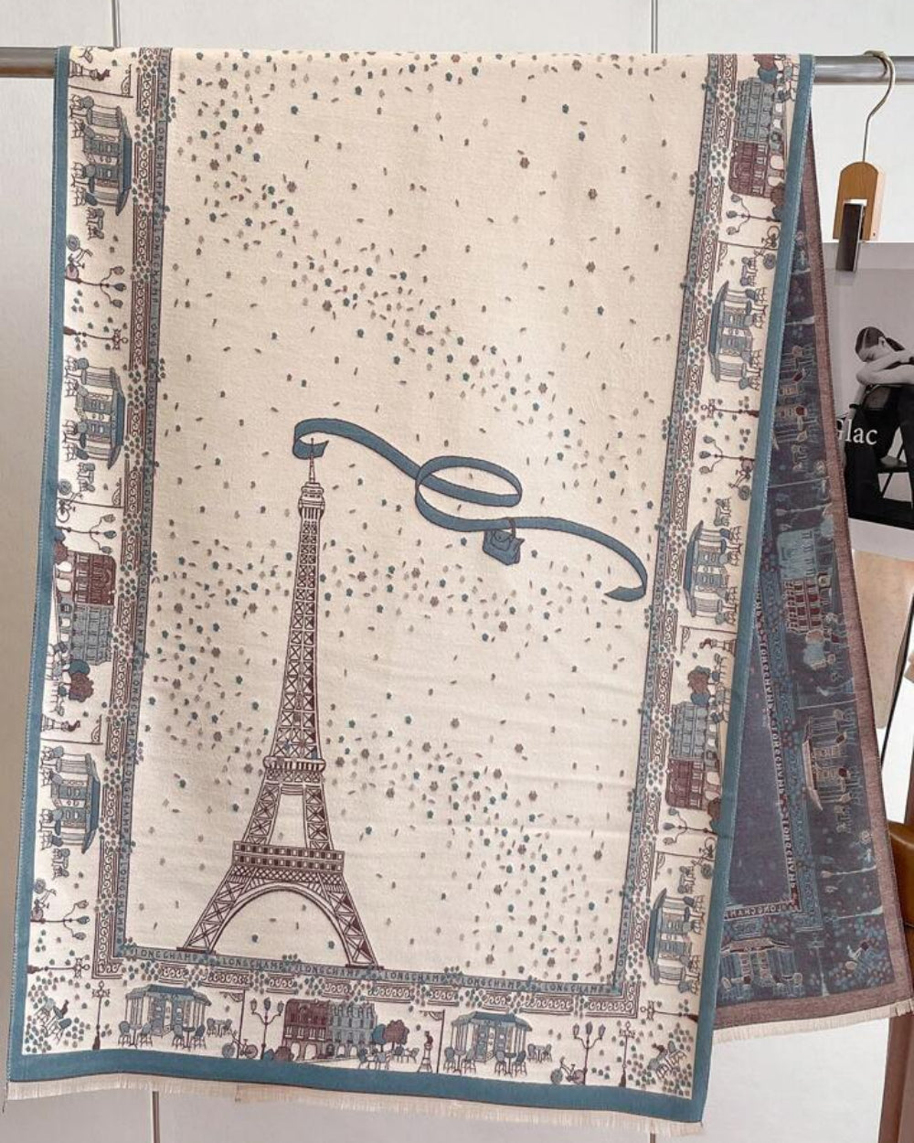 The Parisian Postcard Reversible Wrap showing contrasting reversible side with Parisian illustrated print in deeper tonal expression
