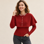 Burgundy wine Pearl Elegance cape knit sweater with pearl embellished neckline, front buttons and ribbed sleeves.