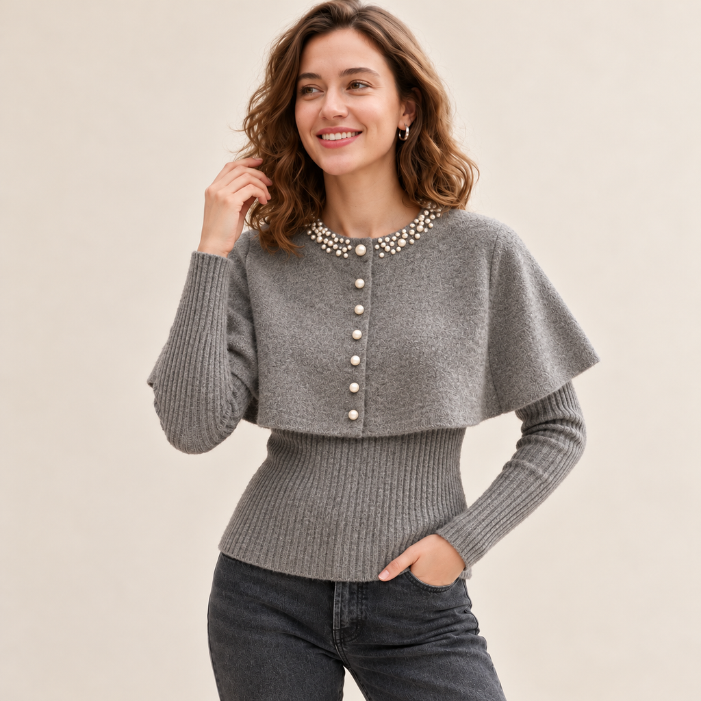 Heather grey Pearl Elegance cape knit sweater with pearl detailing, layered overlay and ribbed knit body.