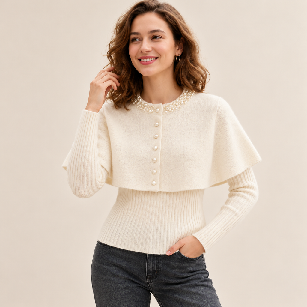 Ivory cream Pearl Elegance cape knit sweater with pearl embellished neckline and elegant front buttons.