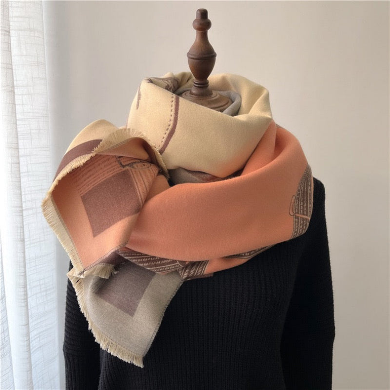 The Polo Heritage Winter Stole displayed flat showing full heritage polo crest and equestrian print in classic palette on faux cashmere fabric
