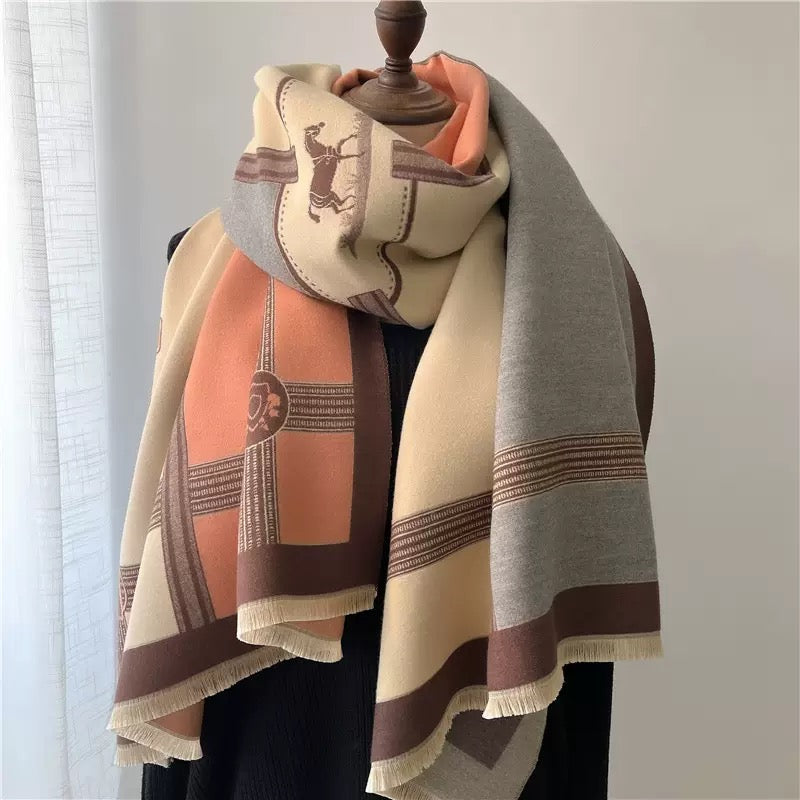 The Polo Heritage Winter Stole showing full heritage polo-inspired equestrian print in classic navy cream and camel tones on soft faux cashmere fabric
