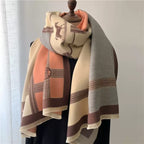 The Polo Heritage Winter Stole showing full heritage polo-inspired equestrian print in classic navy cream and camel tones on soft faux cashmere fabric
