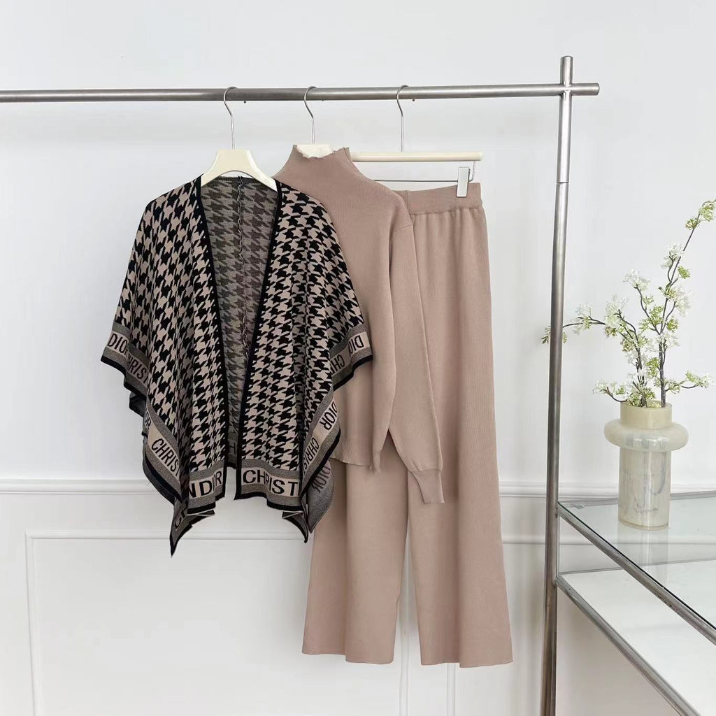 Premium knit co-ord set with monochrome houndstooth statement wrap