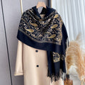 Regal Noir Embroidered Winter Stole draped over camel coat showing intricate gold paisley embroidery on deep black imitation cashmere fabric
