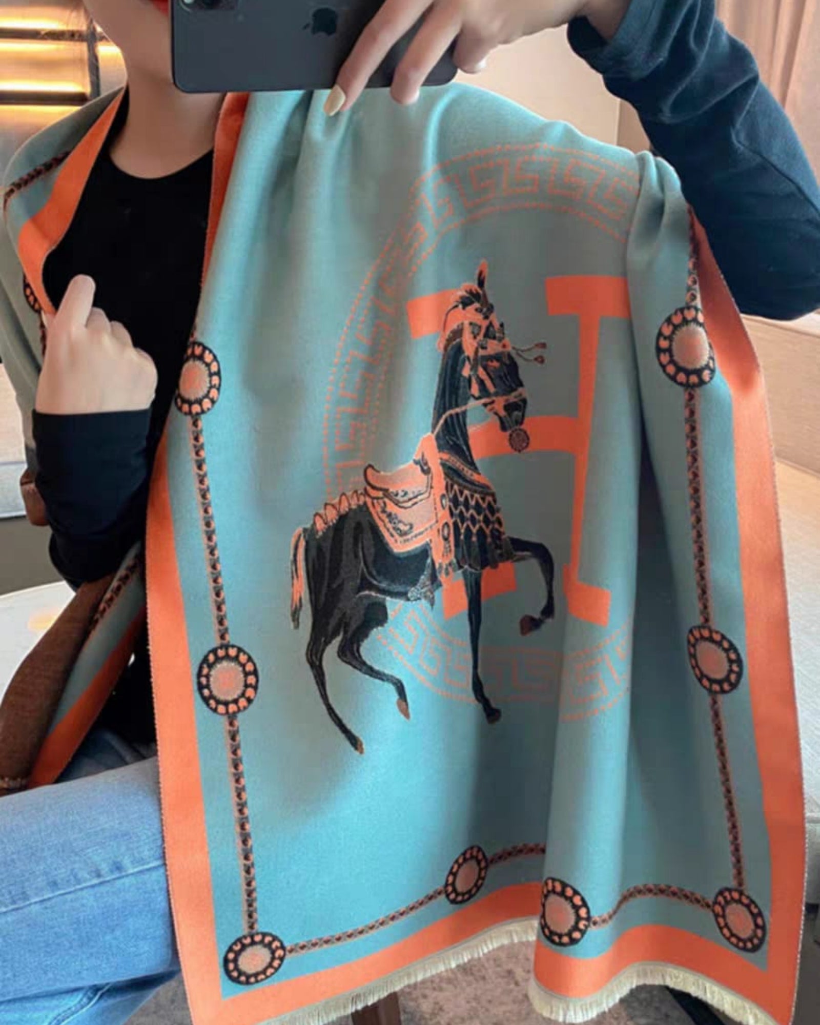 Blue reversible side of The Equestrian Royale Knit Wrap with horse motif.