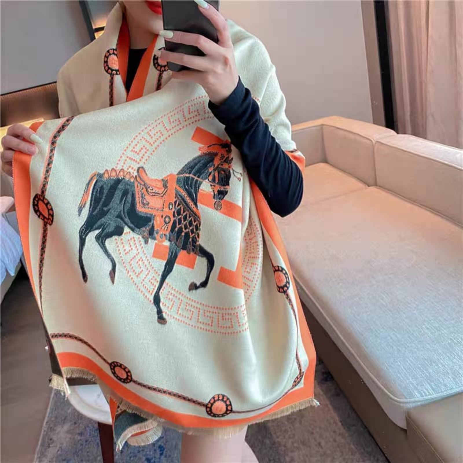 Cream reversible side of luxury faux cashmere winter wrap with equestrian design.