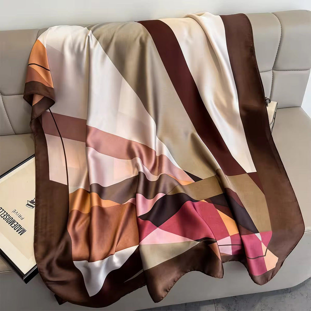 Full view of the Rosewood Abstract Geometric Silk Stole featuring abstract geometric blocks in rosewood, blush pink, beige, cream, and brown.
