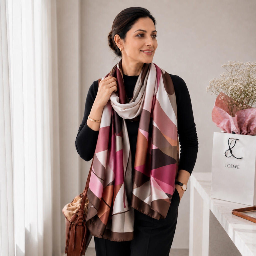Woman wearing the Westery Rosewood Abstract Geometric Silk Stole featuring rosewood, blush pink, beige, and brown geometric patterns