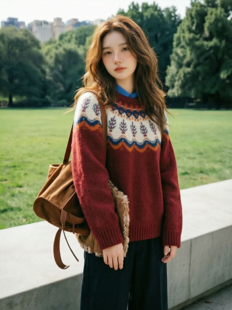 Burgundy Nordic patterned knit sweater styled with a dark skirt for a classic winter outfit