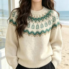 Close-up of the ivory Alpine Meadow women's knit sweater showing its patterned yoke and round neckline