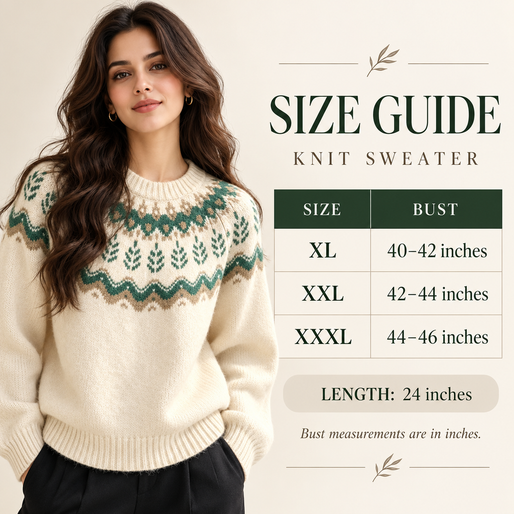 The Alpine Meadow sweater size chart showing XL bust 40 to 42 inches, XXL 42 to 44 inches, XXXL 44 to 46 inches and length 24 inches