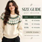 The Alpine Meadow sweater size chart showing XL bust 40 to 42 inches, XXL 42 to 44 inches, XXXL 44 to 46 inches and length 24 inches