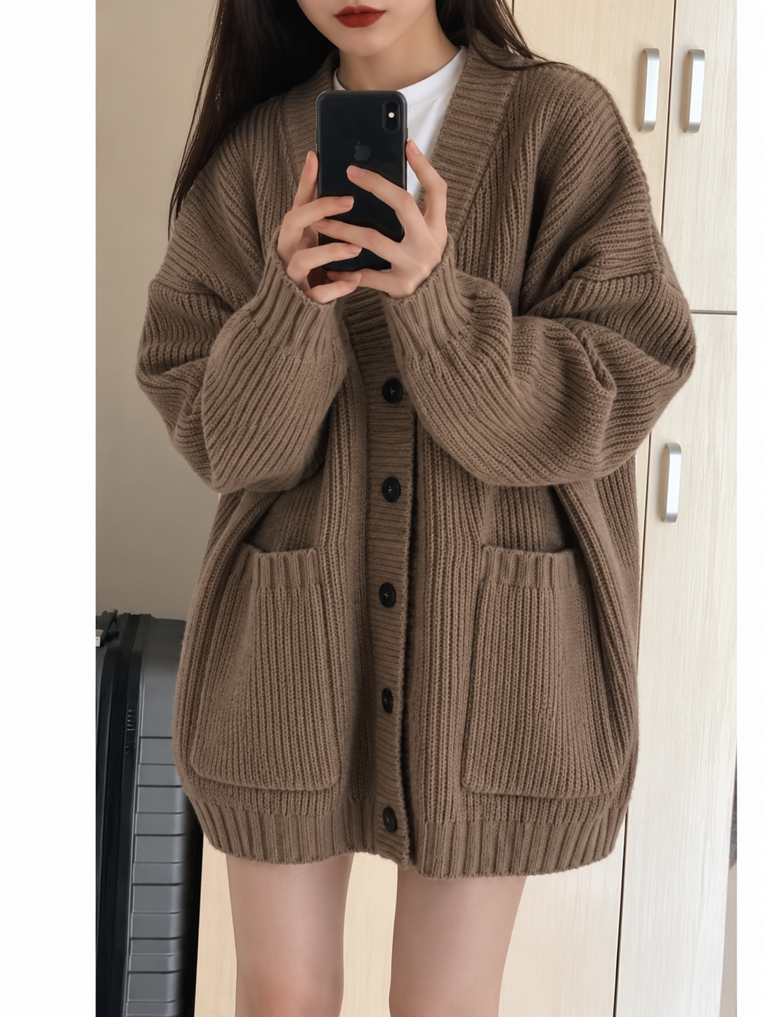 The Cozy Haven oversized mocha taupe ribbed knit cardigan with button-down front and two front pockets