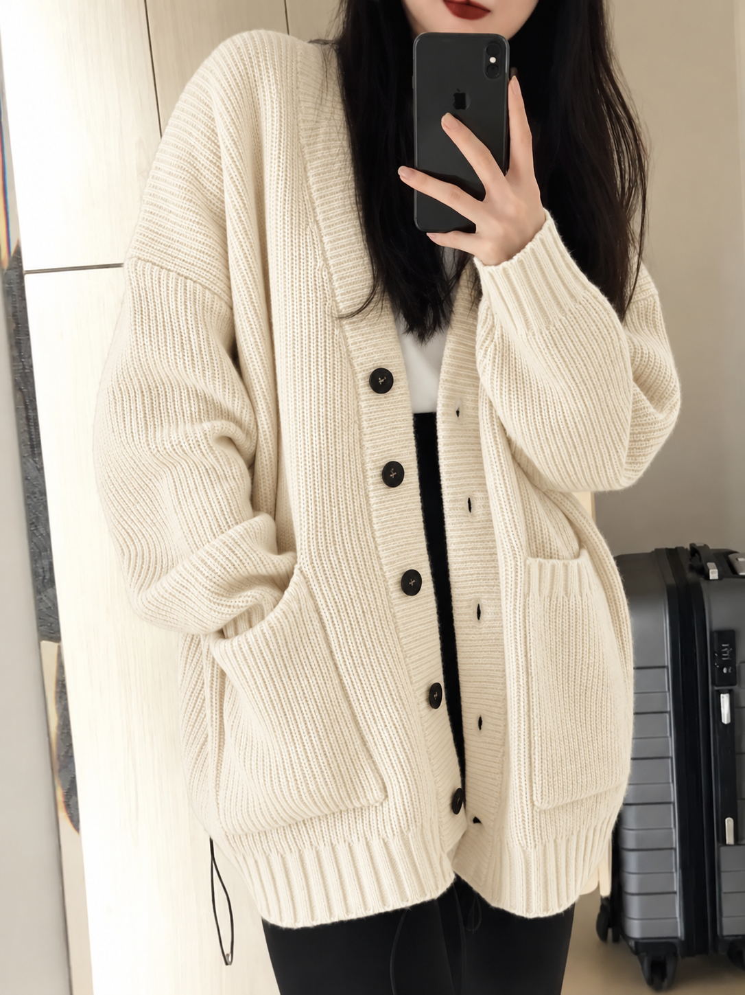 The Cozy Haven oatmeal cream oversized knit cardigan with dropped shoulders and front patch pockets