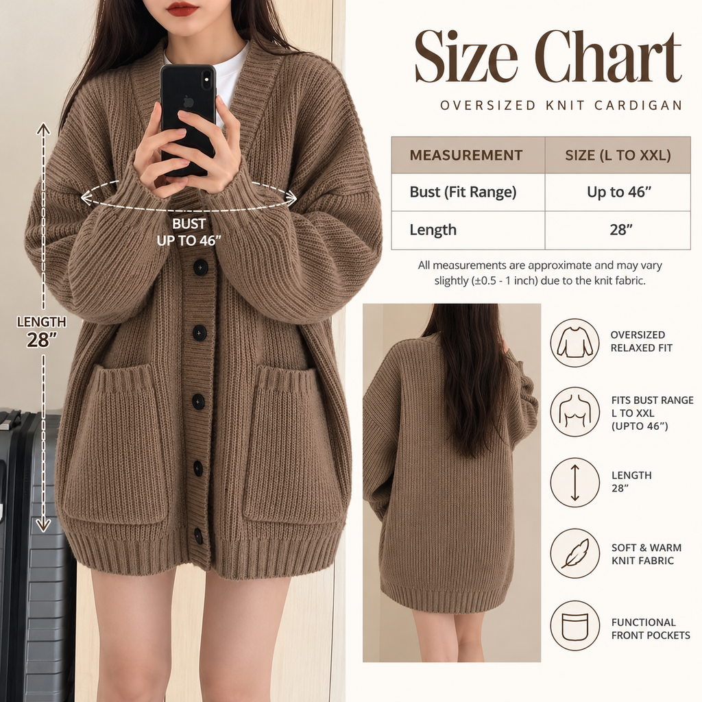 The Cozy Haven oversized cardigan size chart showing bust fit up to 46 inches, L to XXL and length 28 inches