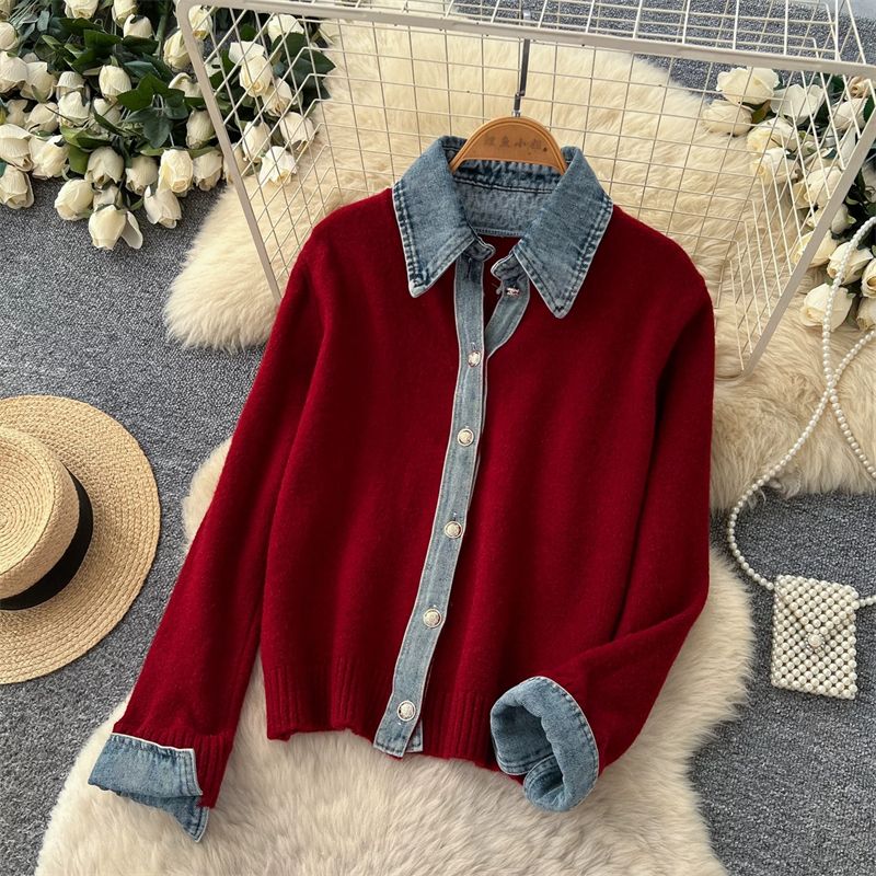 The Denim Muse burgundy wine knit cardigan with denim-look collar, button placket and cuffs