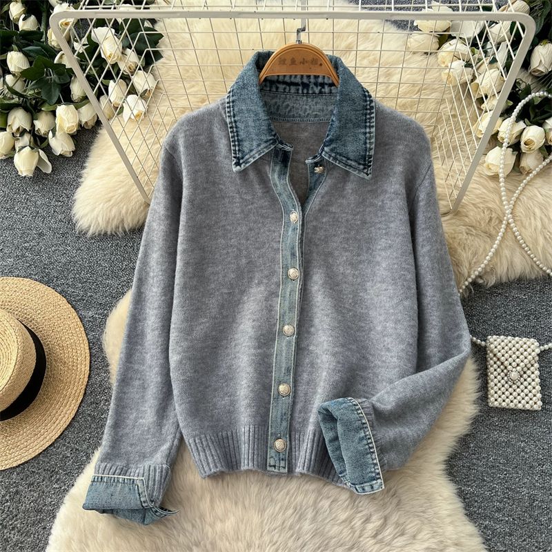 The Denim Muse heather grey cardigan with denim-look detailing and ribbed hem