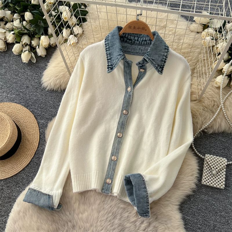 The Denim Muse ivory cream knit cardigan with contrasting denim-look collar and cuffs