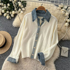 The Denim Muse ivory cream knit cardigan with contrasting denim-look collar and cuffs