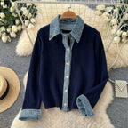 The Denim Muse midnight navy knit cardigan with denim-look collar, placket and cuffs