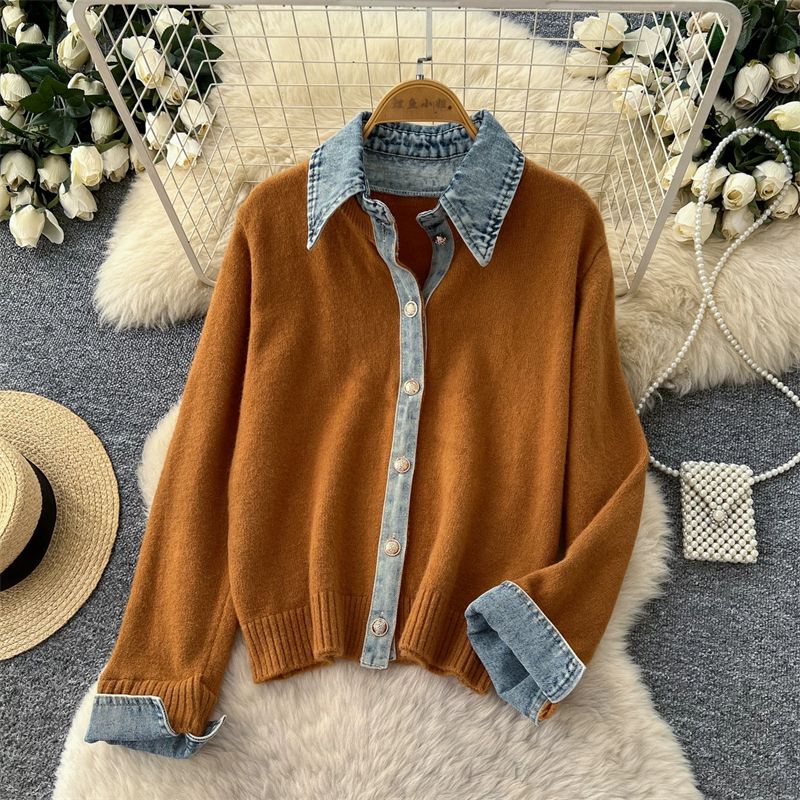 The Denim Muse  mocha brown cardigan with denim-look trim and front buttons