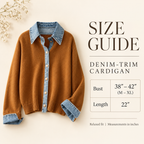 The Denim Muse cardigan size chart showing bust 38 to 42 inches, suitable for M to XL, and length 22 inches