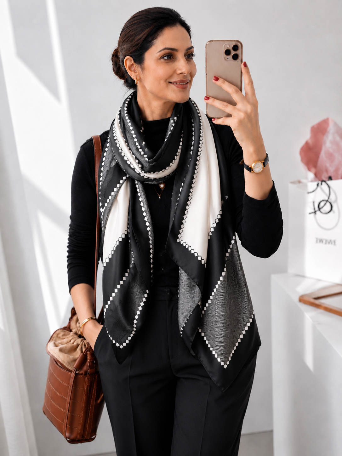     Woman styling The Duchess Diamond Silk Stole, a black and ivory geometric print luxury silk scarf paired with a chic black outfit.