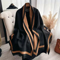 The Signature Reversible Black & Tan Border Wrap in jacquard faux cashmere featuring an elegant reversible design with contrasting black and tan borders, size 182 x 65 cm.