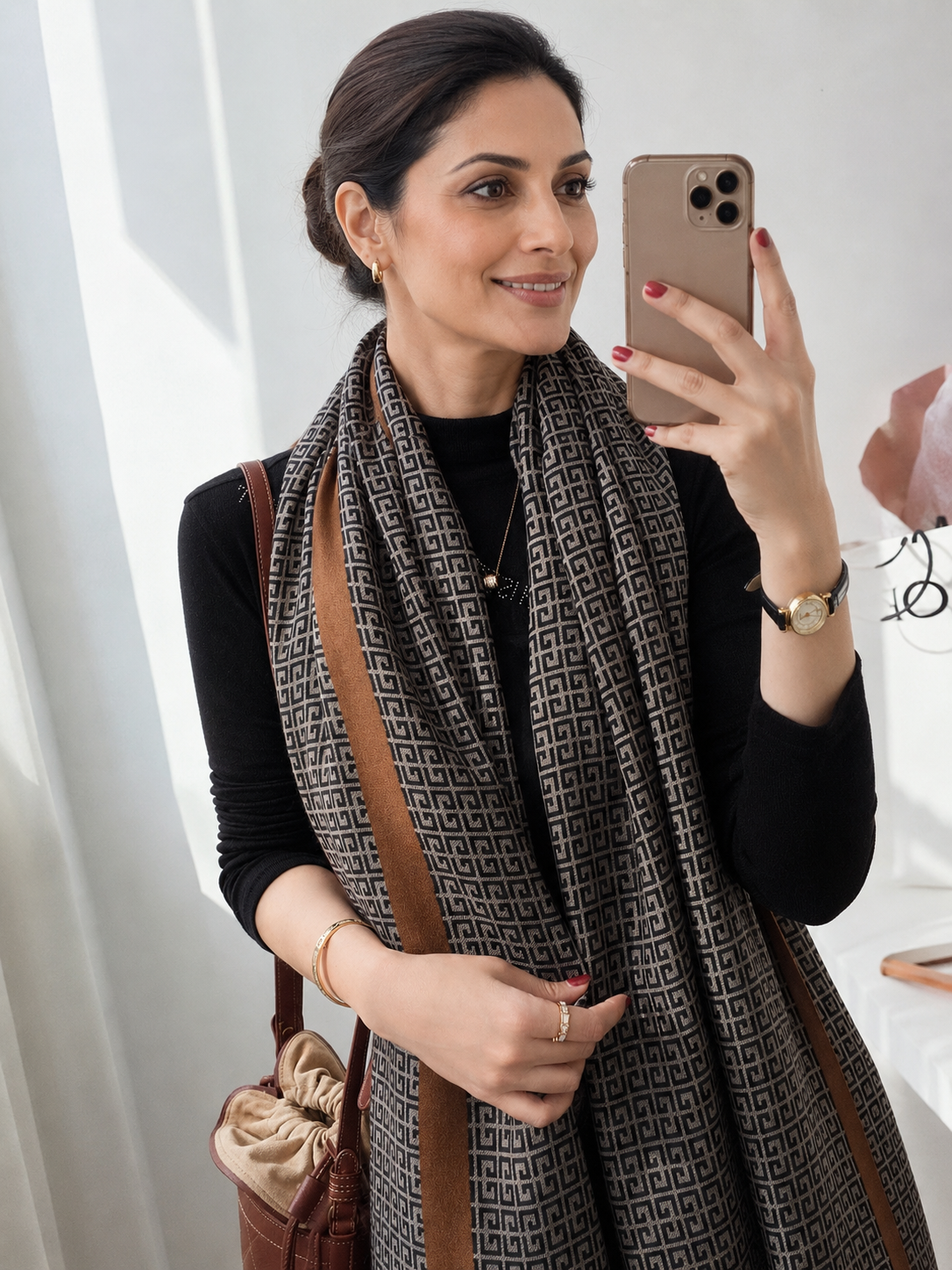 Urban Maze Cotton Stole styled on an elegant Indian woman wearing a black outfit, featuring a black and beige Greek key geometric print with camel-brown border.