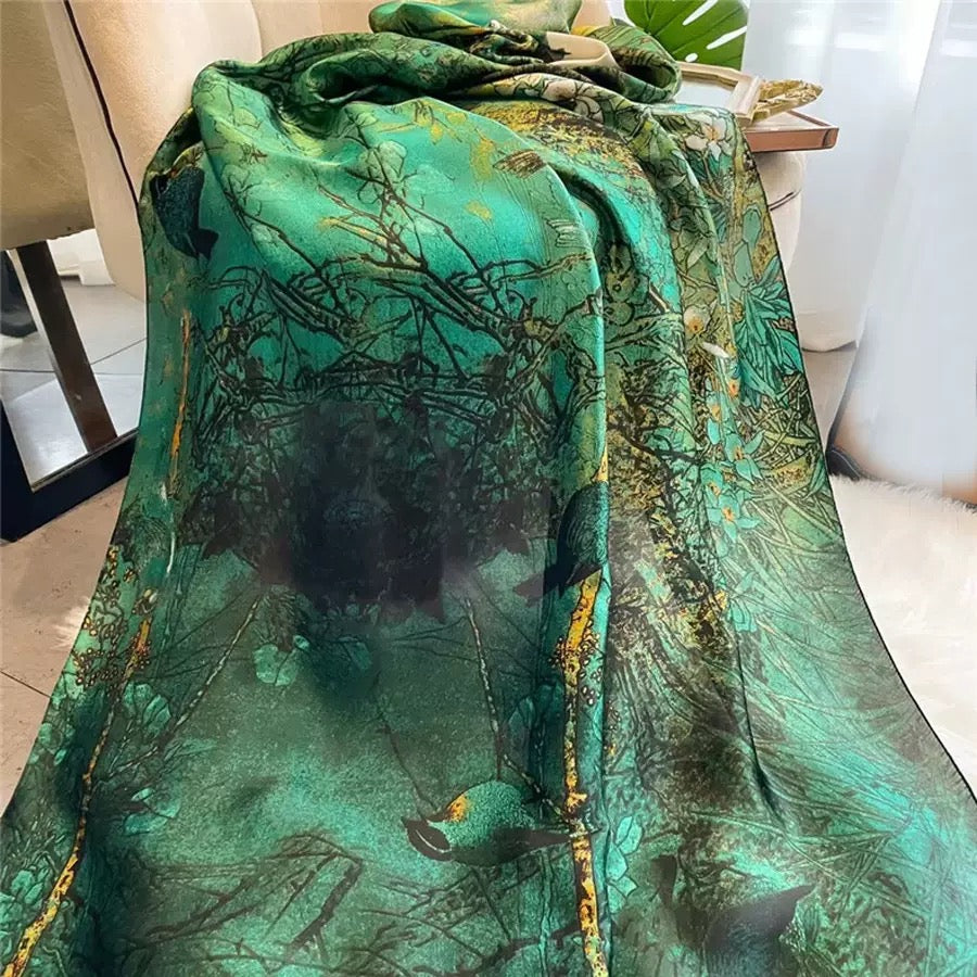 Verdana Songbird Scarf draped showing full emerald print detail