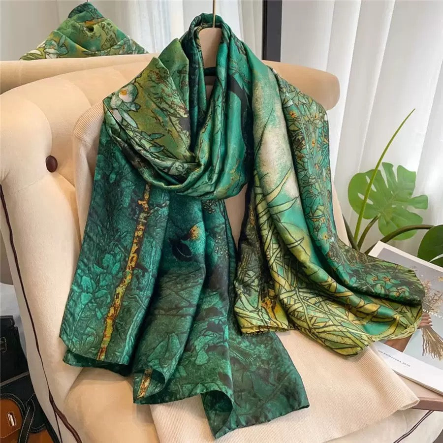 Verdana Songbird Scarf hanging showing emerald botanical print