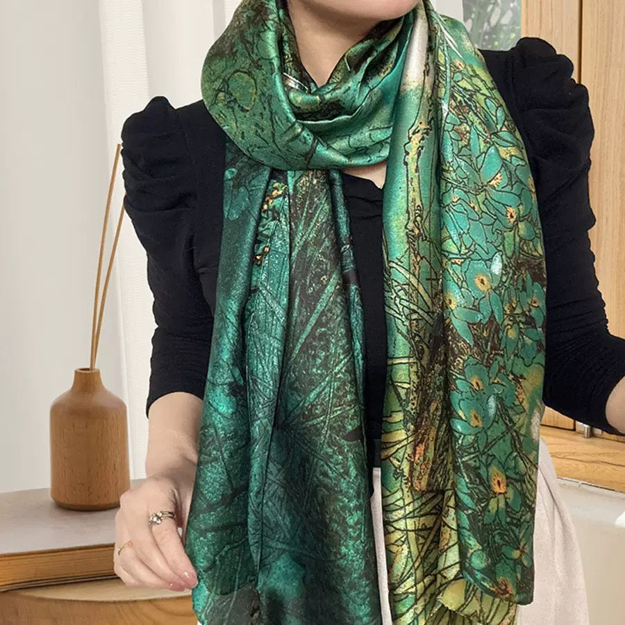 Woman wearing Verdana Songbird Scarf draped around neck