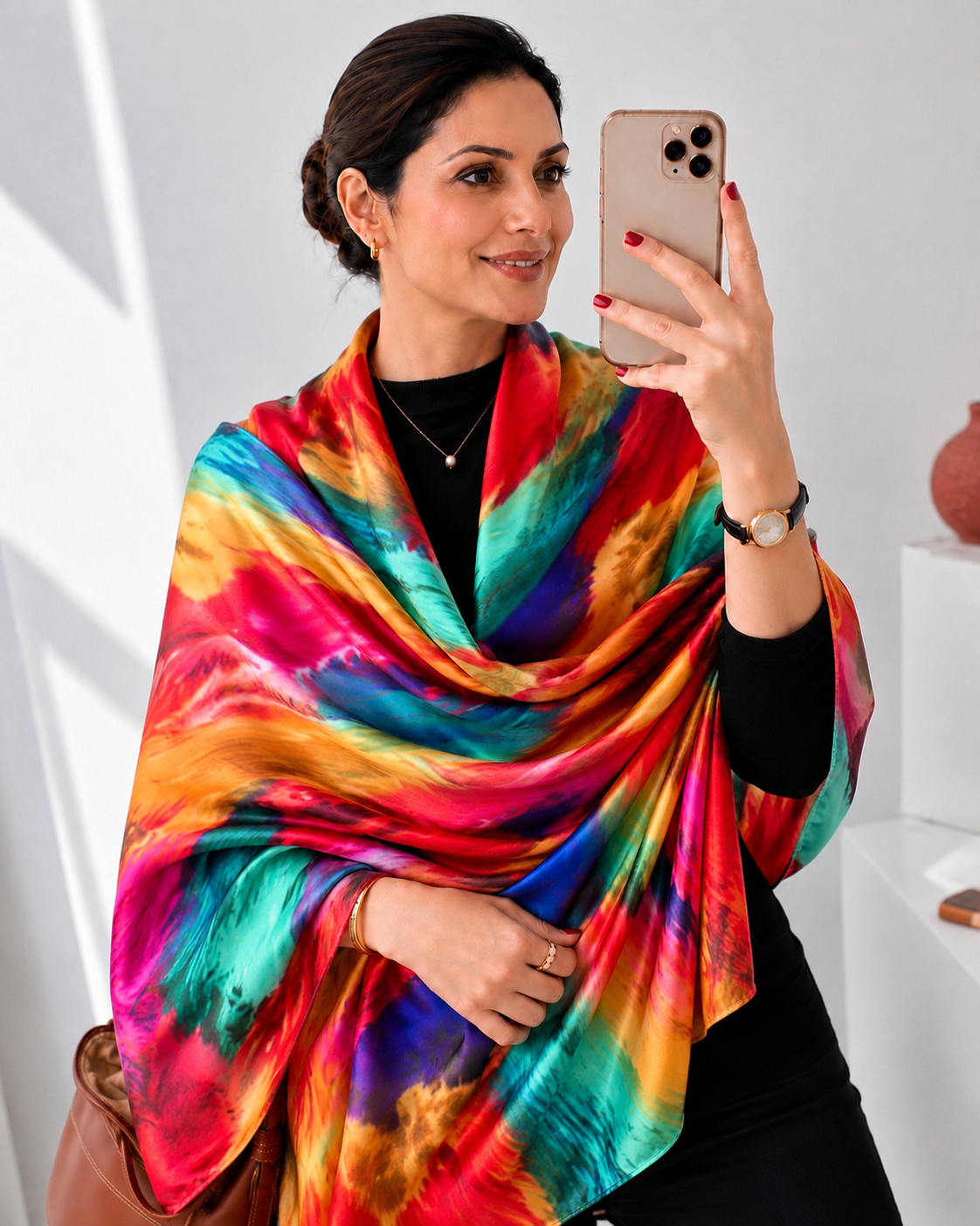 Premium imitation silk stole for women in a vibrant multicolor abstract feather print, elegantly draped over the shoulders. Lightweight rainbow scarf with a glossy silk finish by Westery Fashion.  
