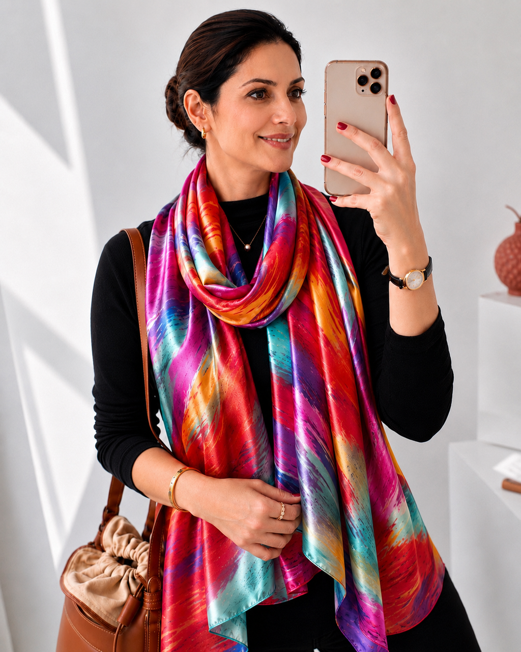 Woman wearing a Vibrant Multicolor Abstract Feather Print Imitation Silk Stole in a stylish neck wrap. Rainbow-inspired red, pink, teal, purple and orange silk-feel scarf for women by Westery Fashion.  