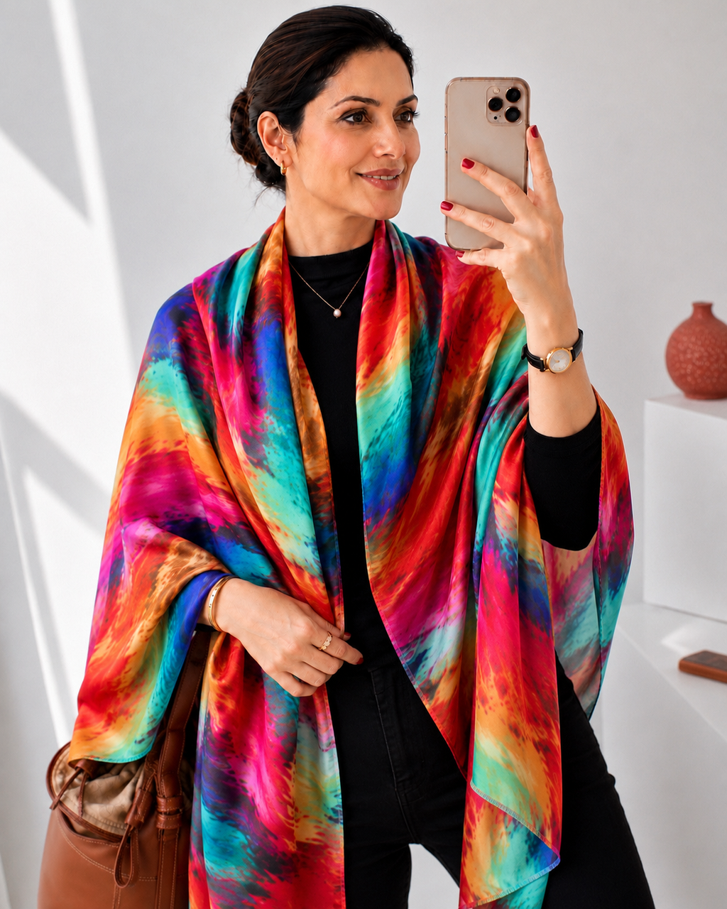 Vibrant Multicolor Abstract Feather Print Imitation Silk Stole draped as a luxurious shawl over a black outfit. Premium silk-feel rainbow scarf for women featuring bold abstract feather-inspired artwork.  
