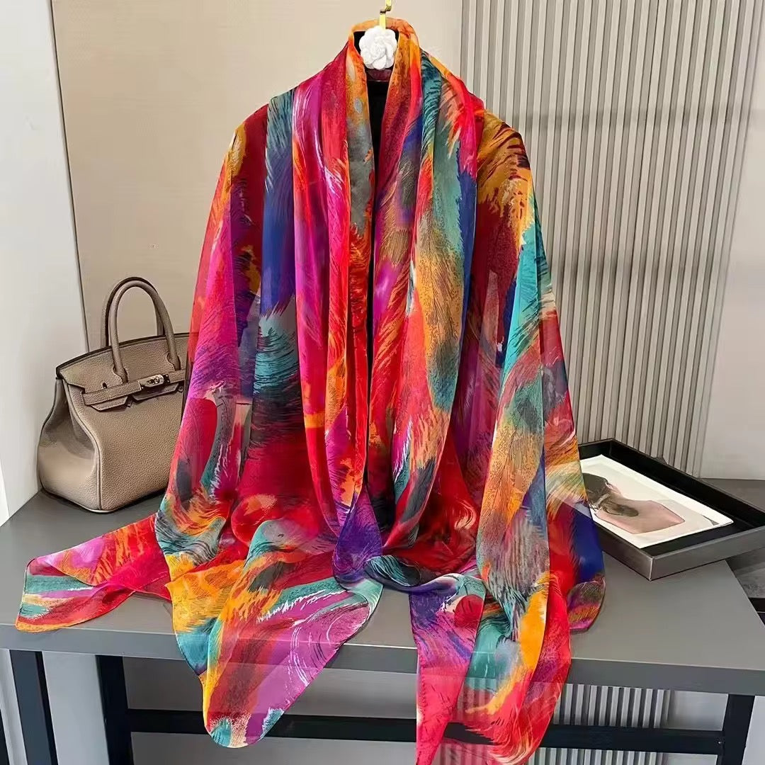 Vibrant multicolor abstract feather print imitation silk stole draped - rainbow scarf for women