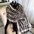 Westery Grand Maze Graphic luxury silk scarf styled in a cozy neck wrap on a hanger, highlighting the sophisticated contrast and elegant drape of the premium fabric.
