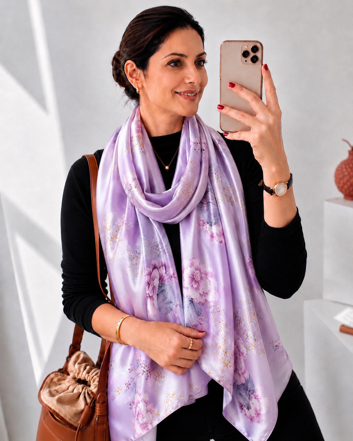 Lavender Magnolia luxury silk scarf by Westery cascading elegantly wrapped around a models neck showcasing its premium satin luster and fluid, graceful drape.