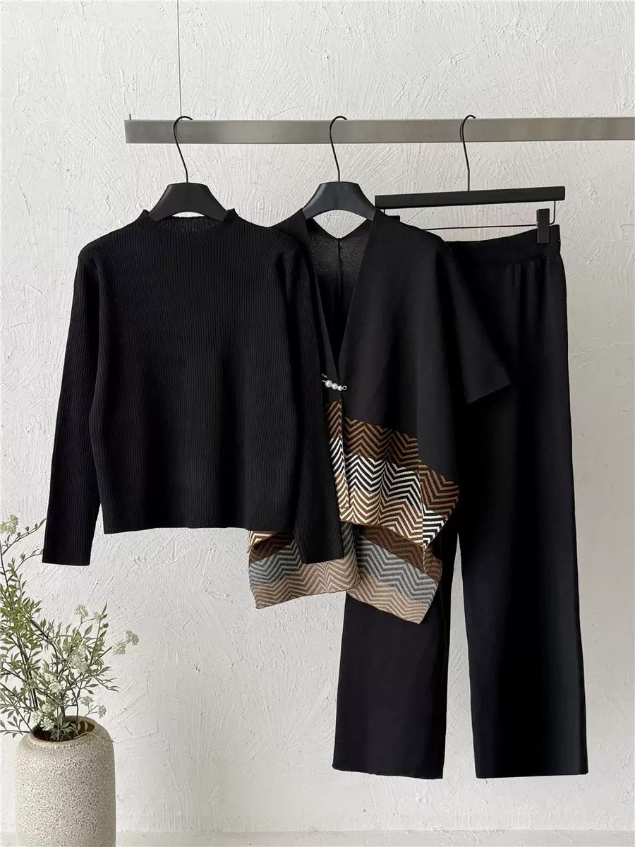 Black Noir Chevron knit co-ord set with top pants and patterned overlay